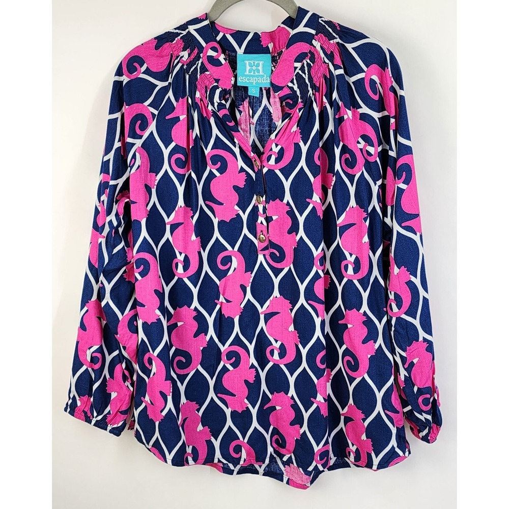 Escapada Top Women's Small Popover Navy Pink Seahorses Resort Wear
